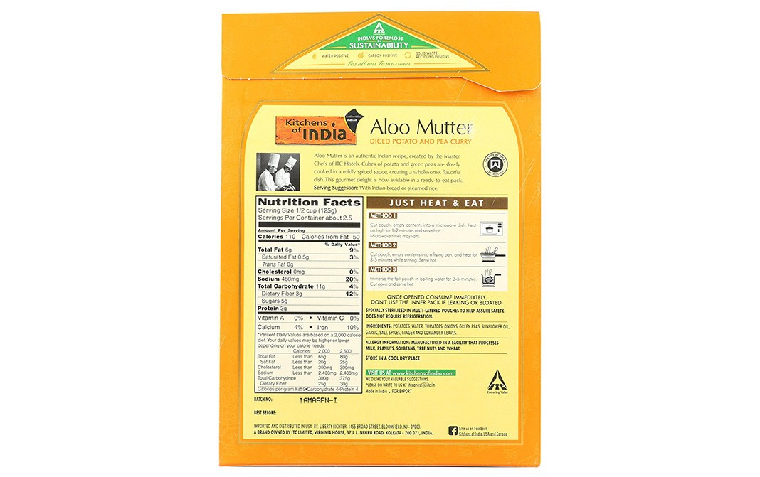 Kitchens Of India Aloo Mutter Diced Potato And Pea Curry   Box  285 grams